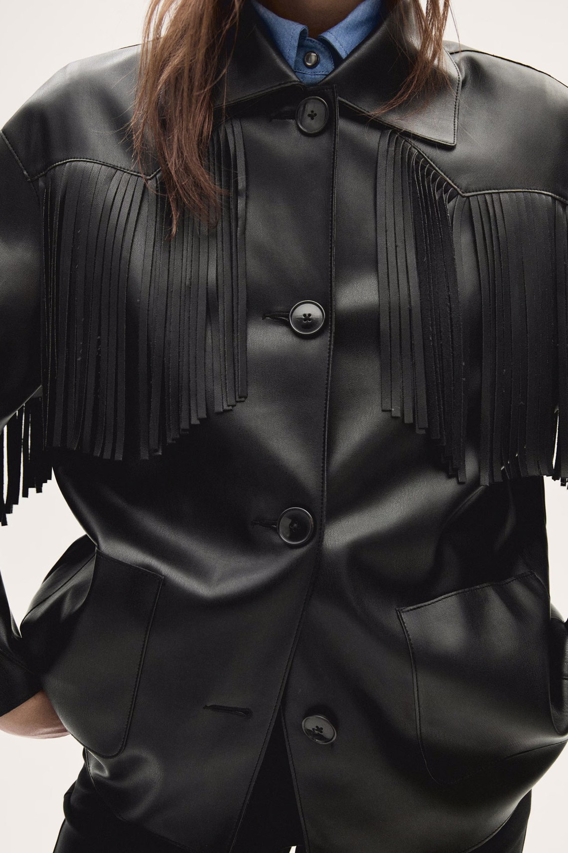  Leather Effect Fringe Overshirt