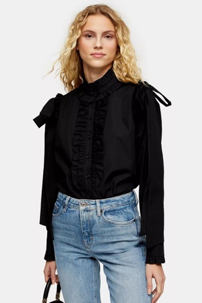 Black Poplin Ruffle Bow Blouse