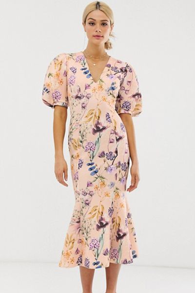 Tall Botanical Floral Bubble Sleeve Seamed Midi Dress from ASOS DESIGN