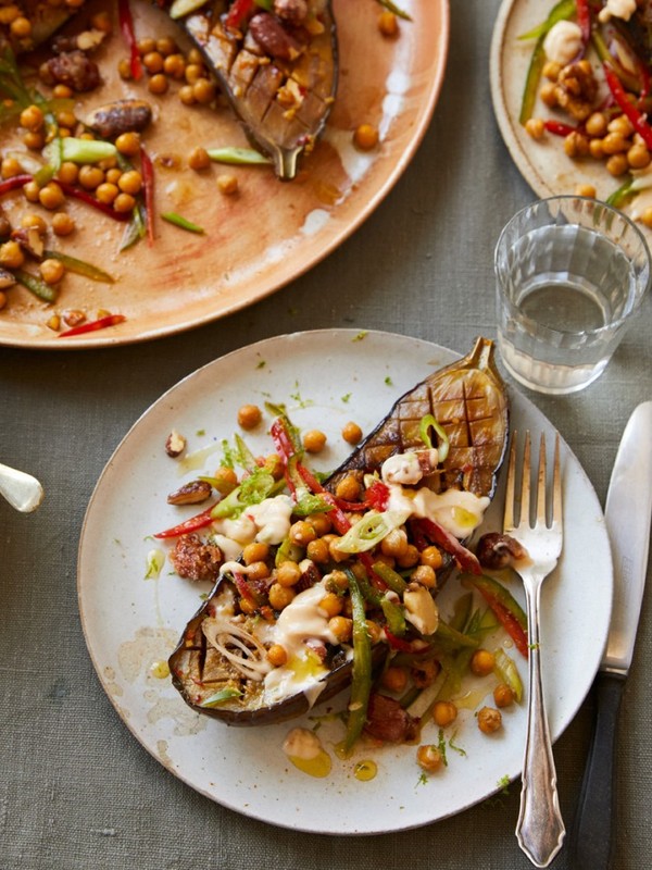 Roasted Aubergine With Chickpea Salad & Chilli Caramelised Nuts