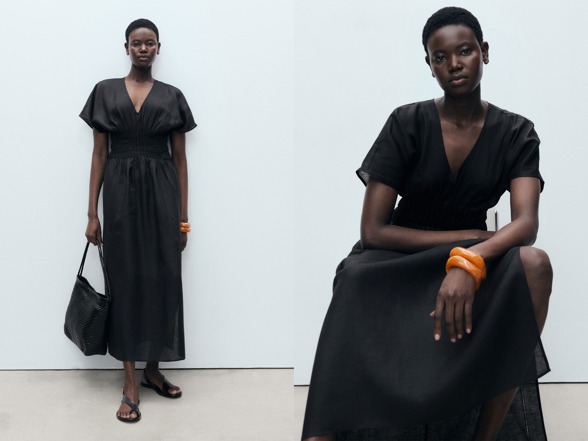 Long Linen Dress With Gathered Panel from Mango