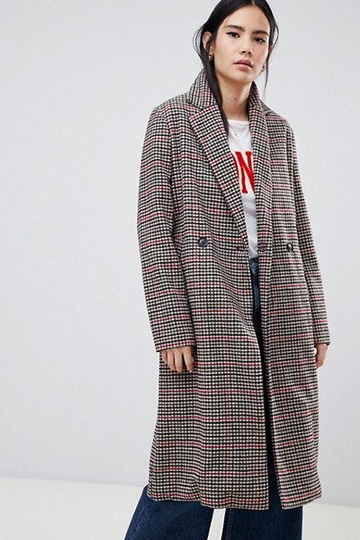 Checked Car Coat from Bershka