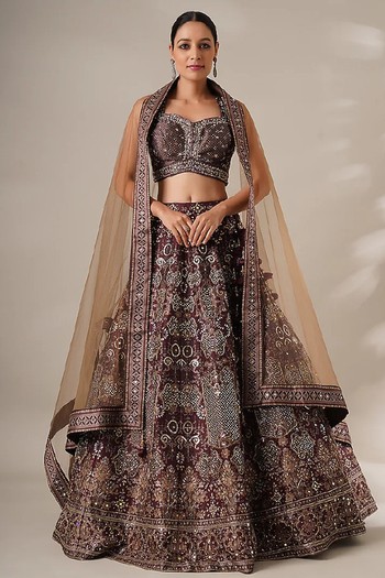 Wine Silk Printed & Sequins Embroidered Lehenga Set from Chaashni By Maansi & Ketan