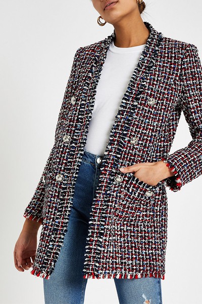 Red Check Boucle Long Line Blazer