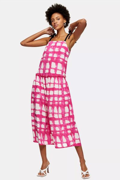Pink Check Tie Tiered Drop Waist Midi Dress
