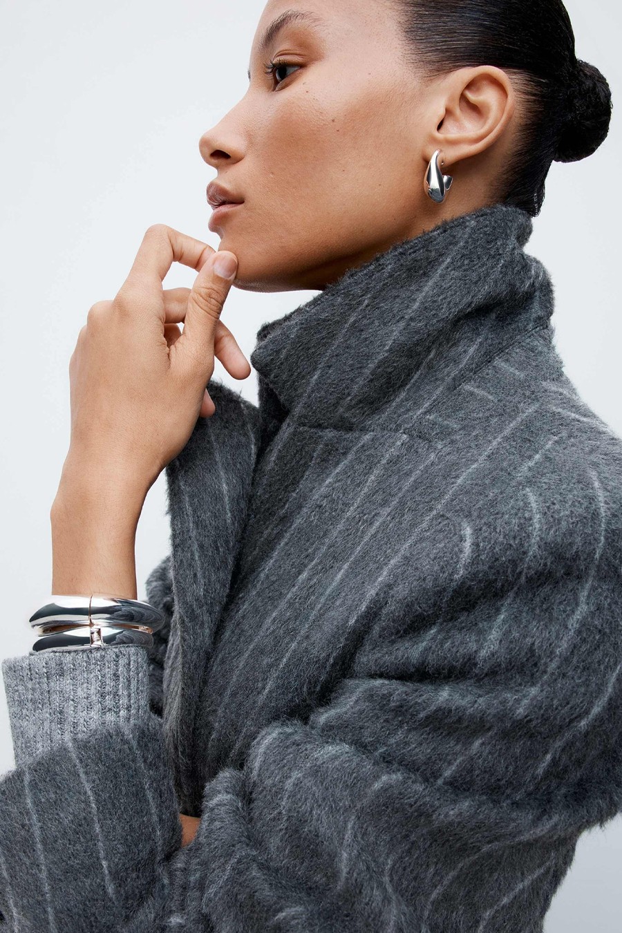 Brushed Pinstripe Double Breasted Longline Coat