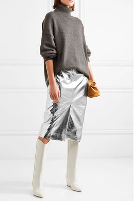 Metallic Faux Crinkled-Leather Midi Skirt from Tibi