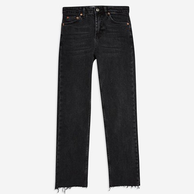 Washed Black Raw Hem Straight Leg Jeans