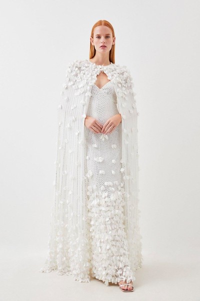 Floral Applique Crystal Embellished Woven Maxi Cape from Karen Millen