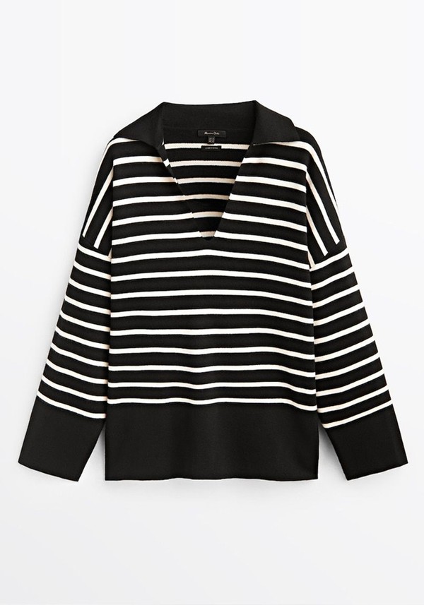 Polo-Style V-Neck Stripe Sweater