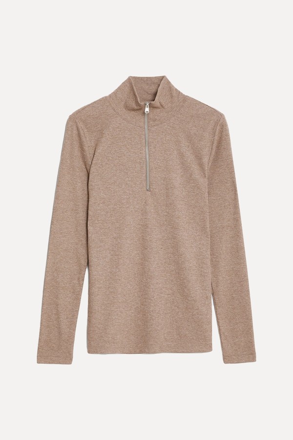 Cotton Rich Ribbed Half Zip Top from M&S