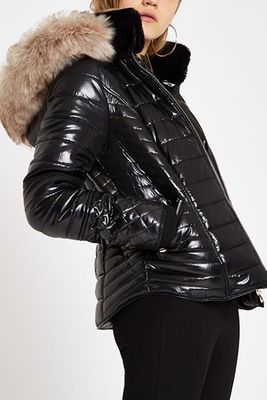 Black Faux Fur Trim High Shine Puffer Jacket