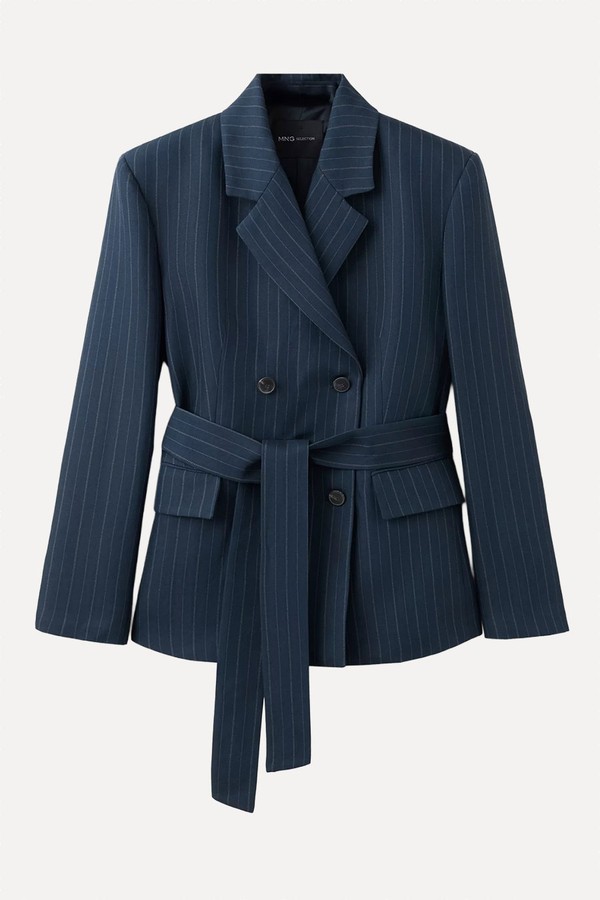 Pinstripe Belted Blazer from Mango