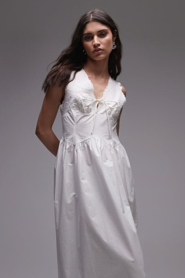 Tie Front Embrodiered Midi Dress from Topshop