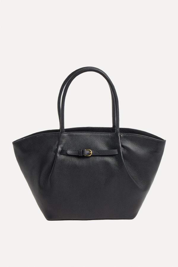 Pleated East West Leather Tote Bag