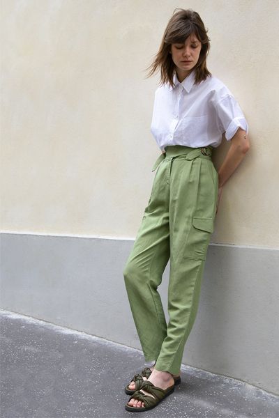 Bright Olive Green Cargo Pants With Wooden Tabs from Frankie Shop