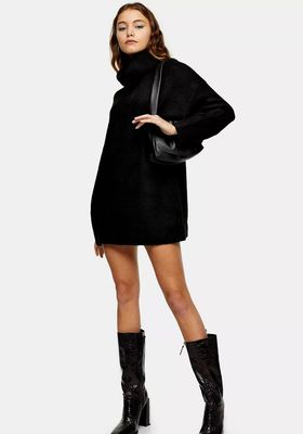 Black Oversized Roll Neck Knitted Jumper Mini Dress