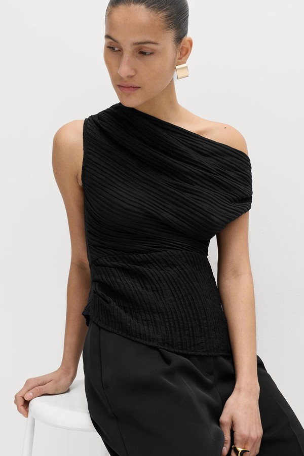 Plisse Asymmetric Neck Bardot Top
