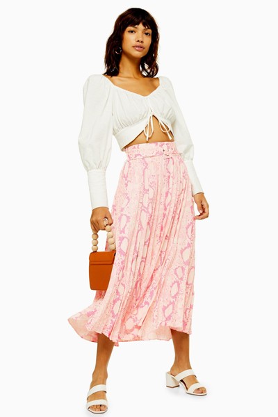 Pink Snake Pleat Midi Skirt