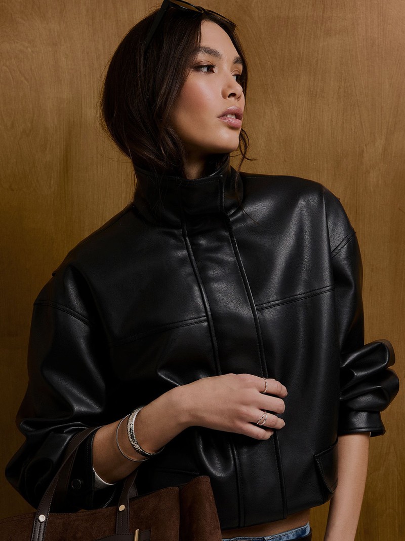 Faux Leather Funnel Neck Bomber Jacket