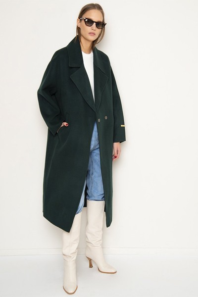 Brown Belted Dark Green Wool Blend Coat