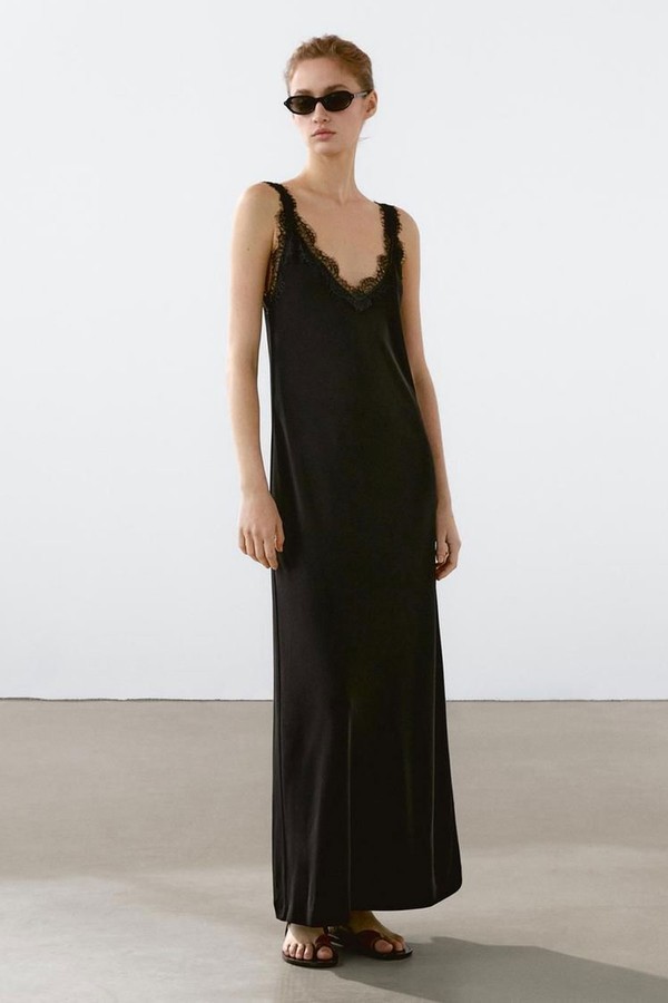 Long Flowing Dress With Lace Neckline from Massimo Dutti