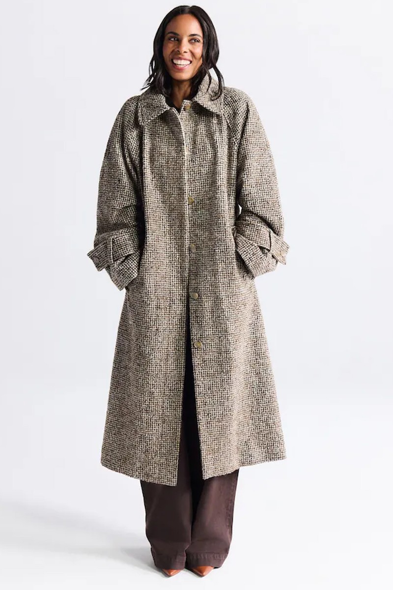 Neutral Houndstooth Single Breasted Longline Collared Coat