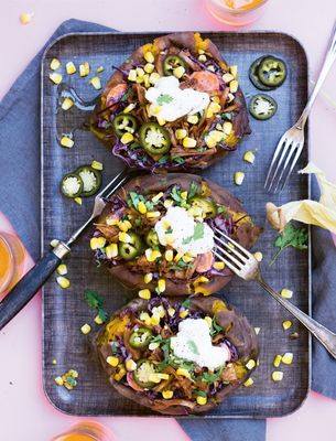 BBQ-Baked Sweet Potatoes With Jackfruit & Grilled Corn