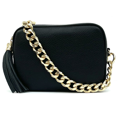 The Tassel Black Crossbody Bag With Gold Chain