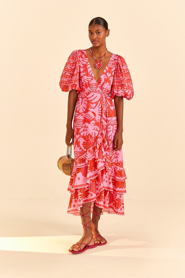 Red Jungle Scarf Wrap Midi Dress