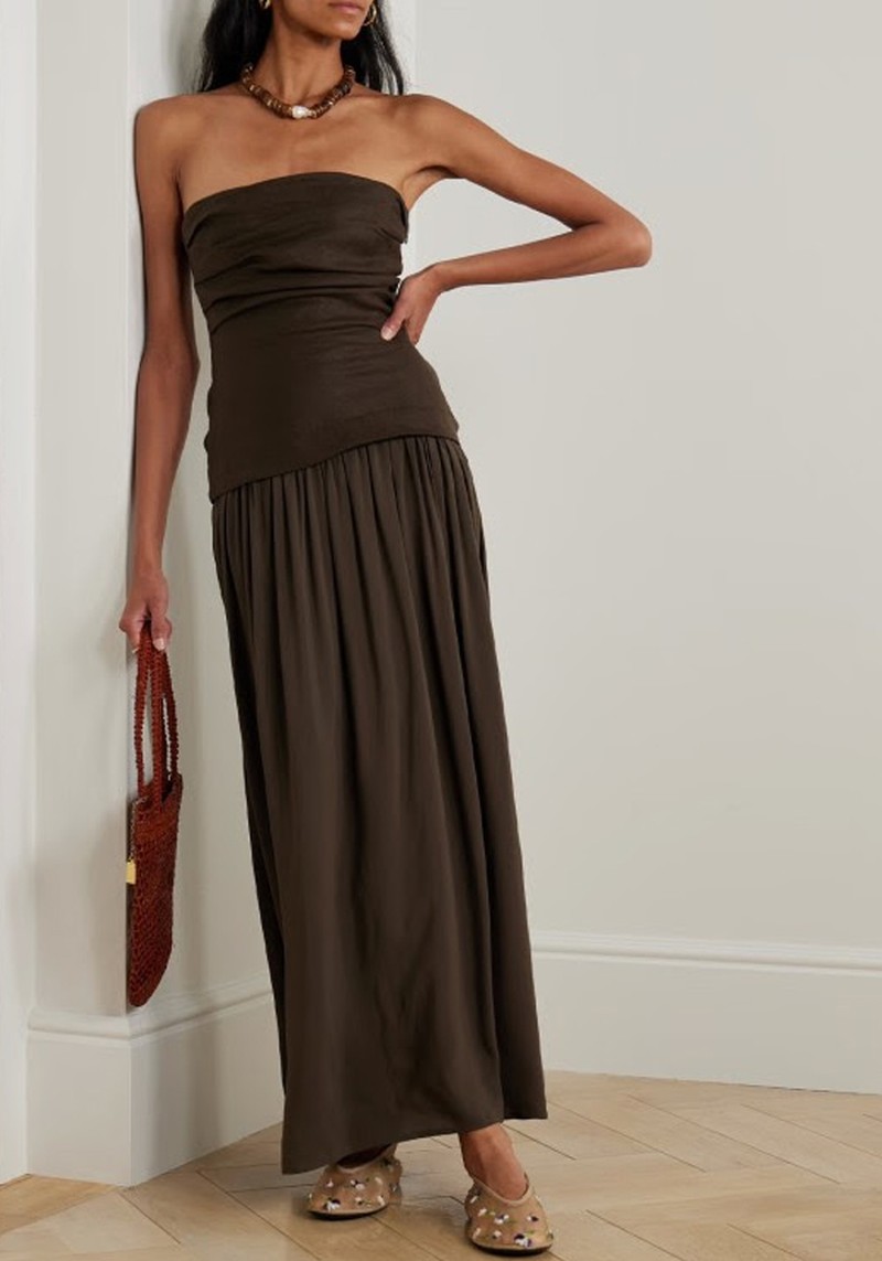 Hedy Strapless Gathered Linen & Voile Maxi Dress 