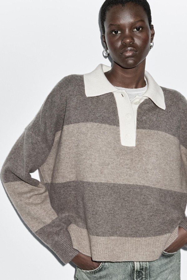 Striped Wool Blend Polo Sweater 