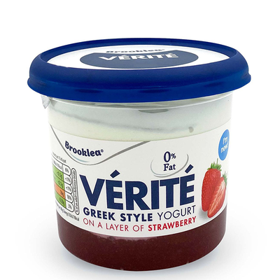 0% Fat Verite Greek Style Yogurt On A Layer Of Strawberry