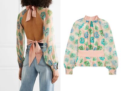 Open-Back Floral-Print Silk-Satin & Crepon Blouse from Harmur