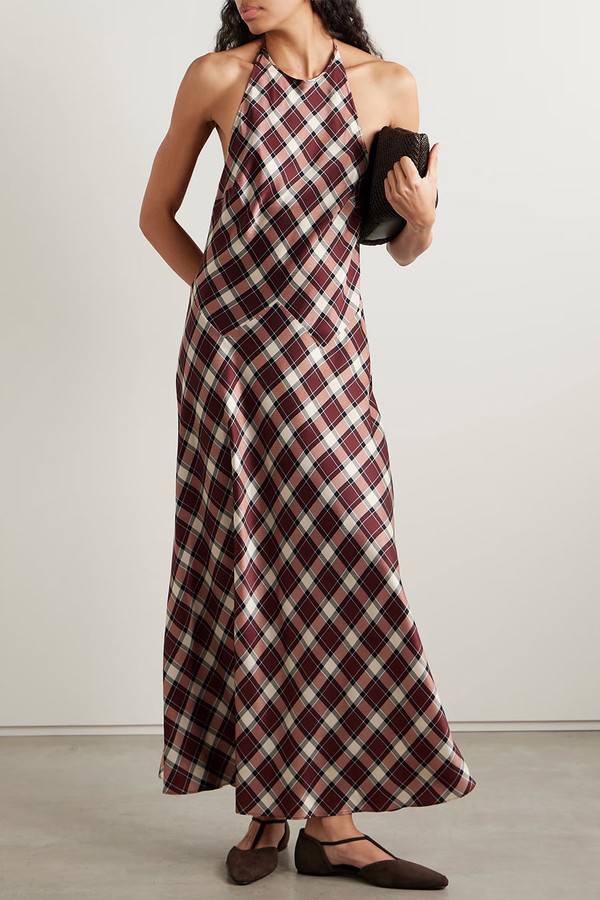 Maxime Checked Silk-Satin Halterneck Maxi Dress from DÔEN