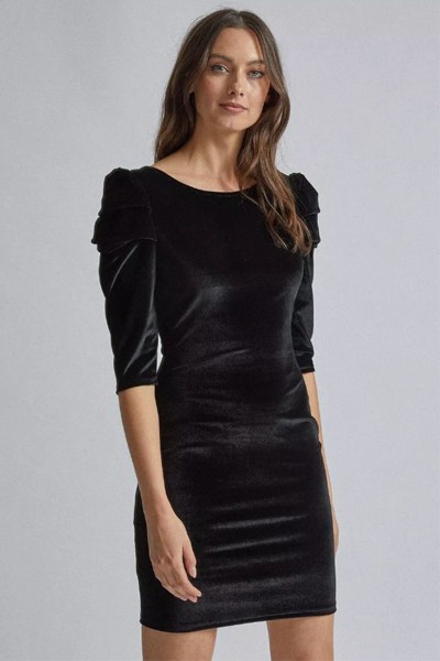 Black Velvet Puff Sleeve Bodycon Dress