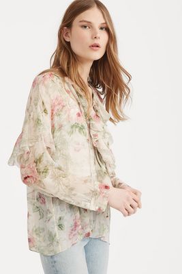 Floral Lace-Up Silk Blouse