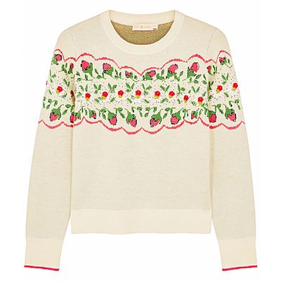 Cream Floral-Intarsia Wool-Blend Jumper from Tory Burch