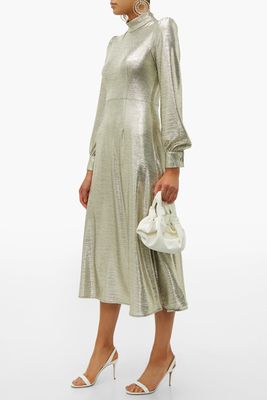 Goldfinch Balloon-Sleeve Foiled-Jersey Midi Dress from Goat