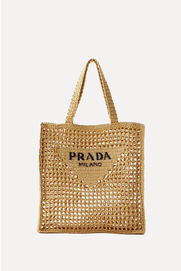 Woven-Logo Raffia Tote Bag from Prada