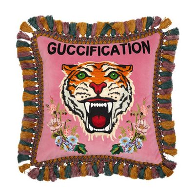 Guccification Tiger-Embroidered Velvet Cushion from Gucci