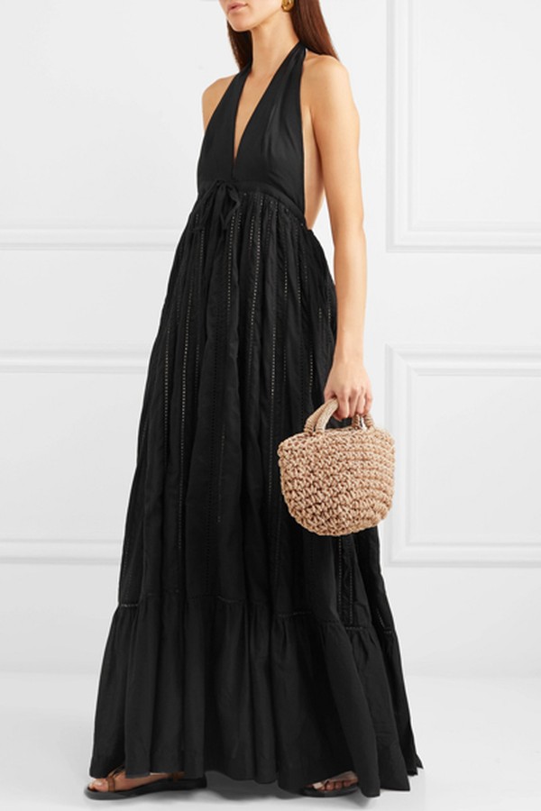 Rooftop Runaway Lattice-Trimmed Halterneck Maxi from Kalita