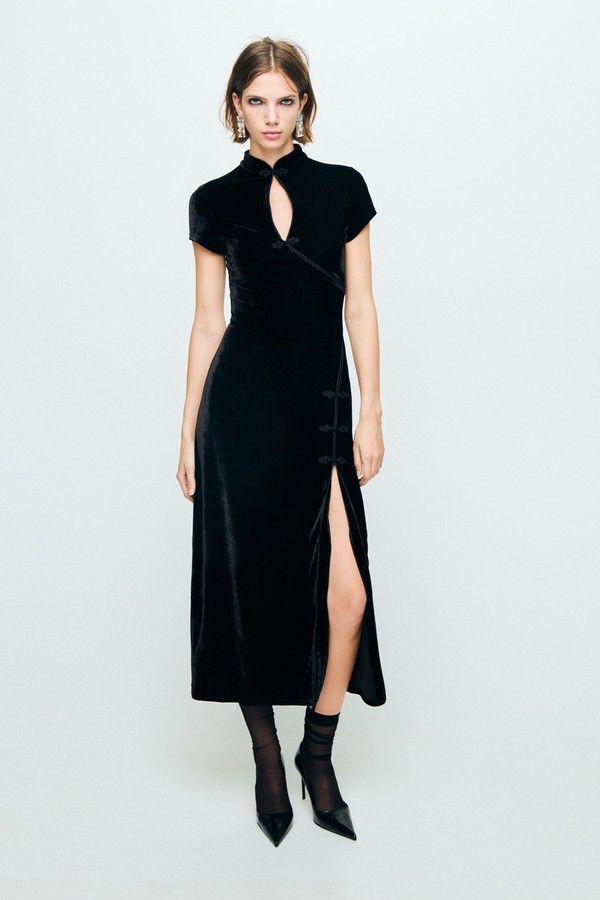 Velvet Dress With Toggle Fastenings & Slit from Mango