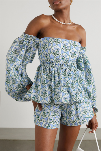 Jamaica Off-The-Shoulder Ruffled Shirred Floral-Print Cotton-Poplin Top, £382.50 | Agua By Agua Bendita