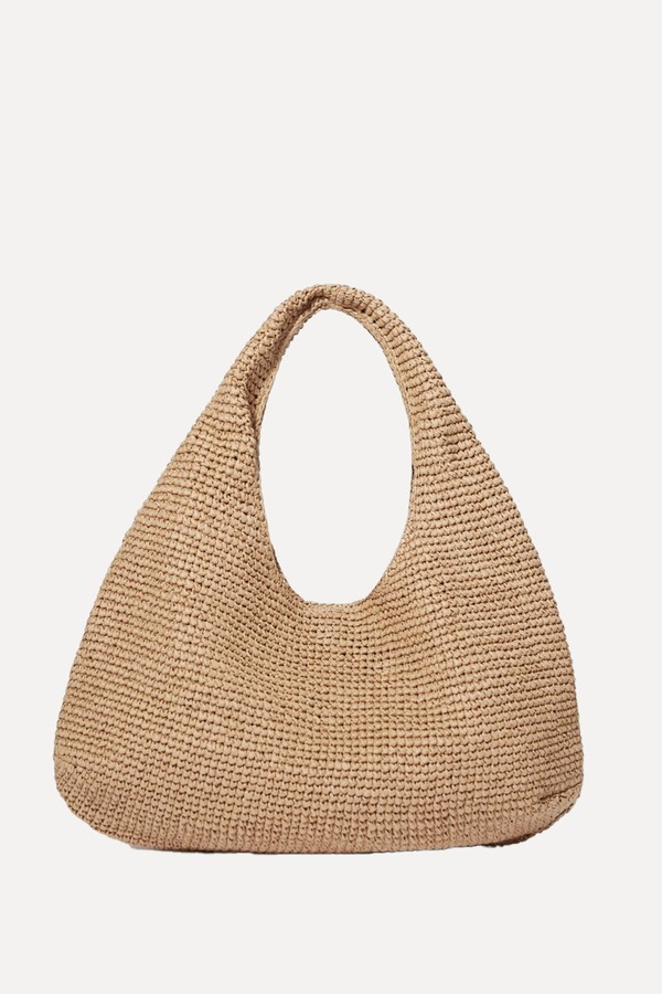 Leather-Piping Straw Shoulder Bag