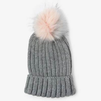 Grey And Pink Pom Pom Hat