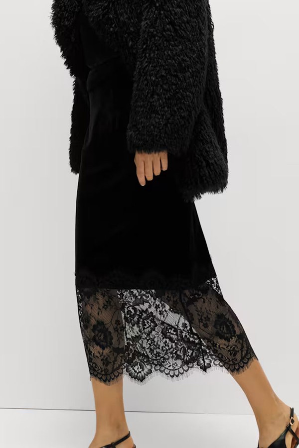 Velvet Lace Detail Midi Pencil Skirt