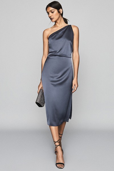 Eden One Shoulder Satin Dress In Smoke Blue