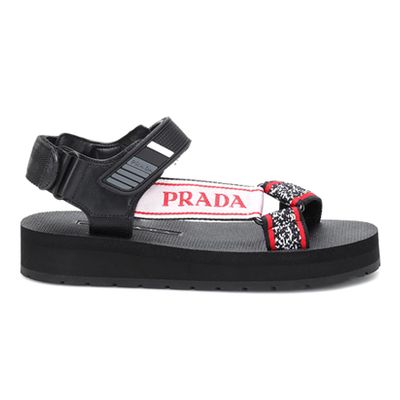 Logo Embossed Rubber and Canvas Trimmed Leather Sandals from Prada