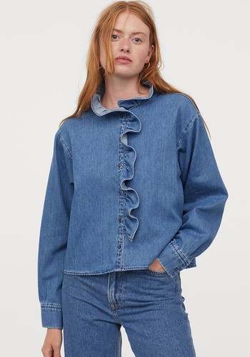 Frill-Trimmed Denim Blouse